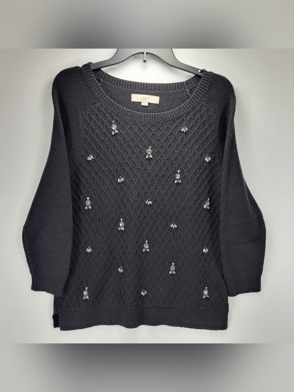 Loft Jewel Embelished Cable Knit Wool Sweater Women Medium Quiet Luxury Elegant